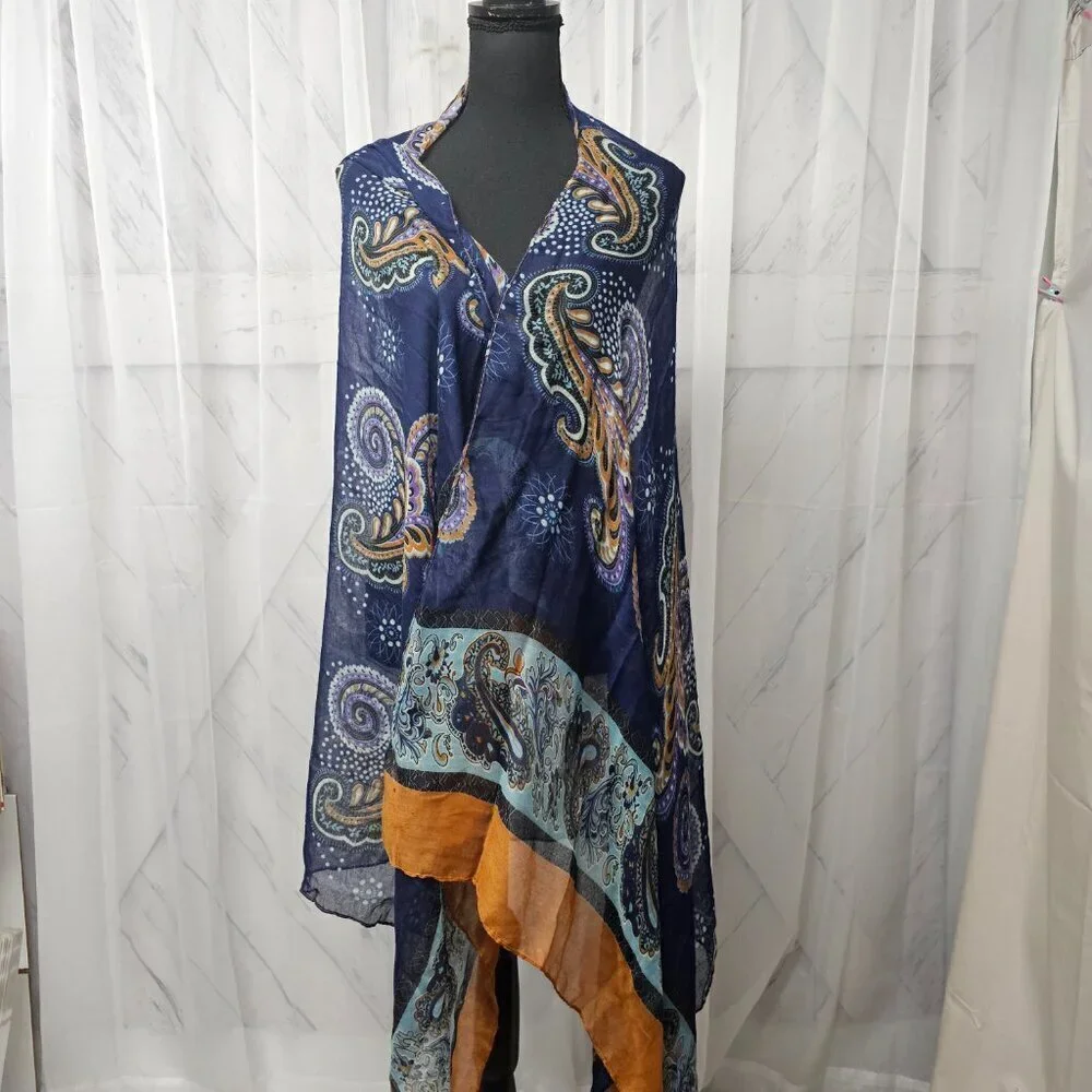 Unbranded Blue Orange Paisley Semi-Sheer Fringed Boho Scarf Shawl